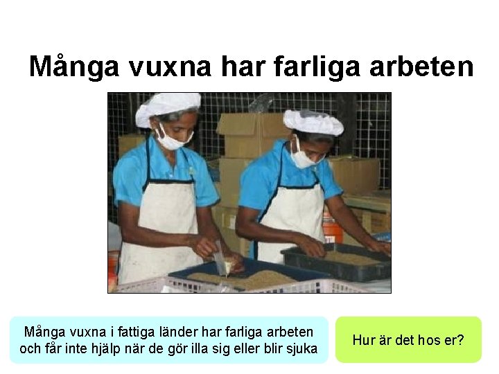 Många vuxna har farliga arbeten Många vuxna i fattiga länder har farliga arbeten och