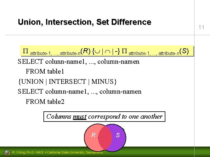 Union, Intersection, Set Difference attribute-1, . . . , attribute-n(R) { | | -}