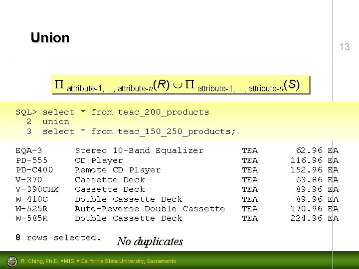 Union 13 attribute-1, . . . , attribute-n(R) attribute-1, . . . , attribute-n(S)