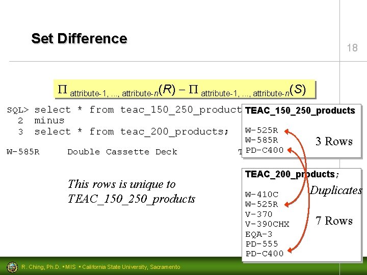 Set Difference 18 attribute-1, . . . , attribute-n(R) attribute-1, . . . ,