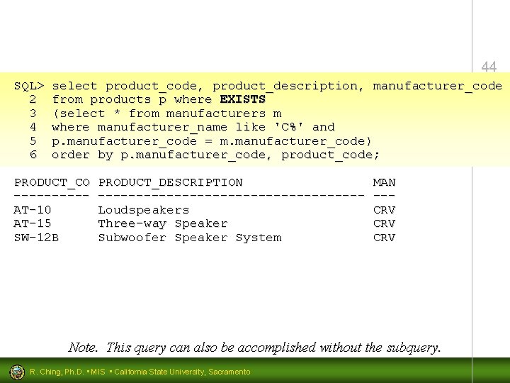 44 SQL> 2 3 4 5 6 select product_code, product_description, manufacturer_code from products p