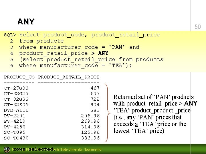 ANY SQL> 2 3 4 5 6 50 select product_code, product_retail_price from products where