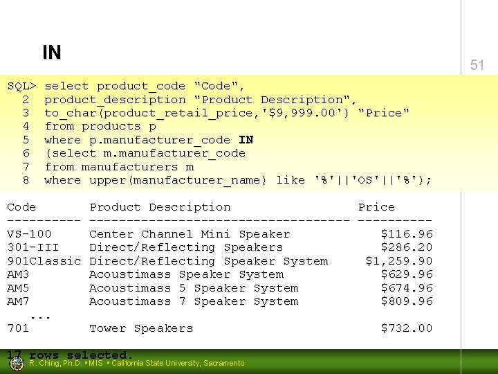 IN SQL> 2 3 4 5 6 7 8 51 select product_code "Code", product_description