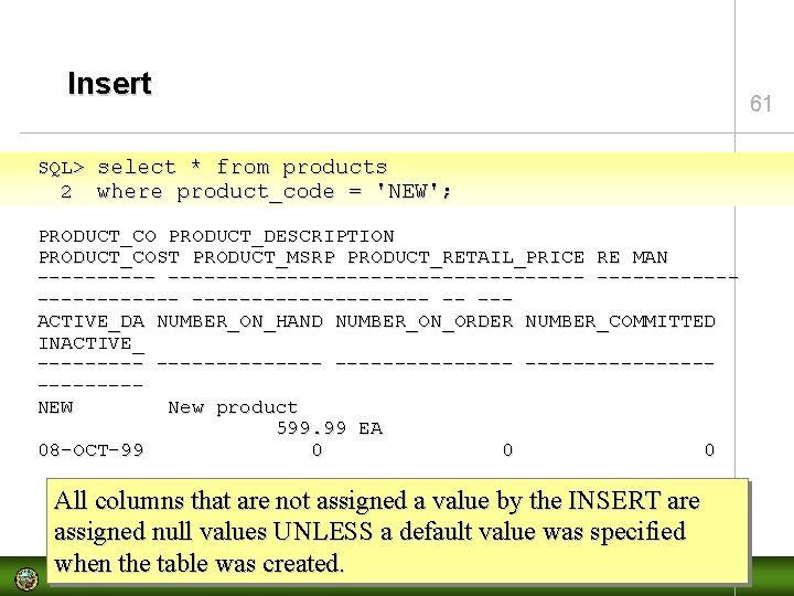 Insert SQL> select * from products 2 where product_code = 'NEW'; PRODUCT_CO PRODUCT_DESCRIPTION PRODUCT_COST