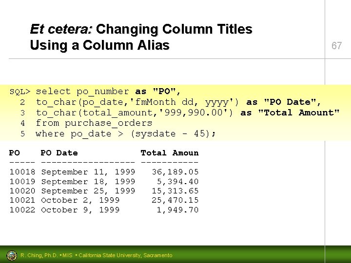 Et cetera: Changing Column Titles Using a Column Alias SQL> 2 3 4 5