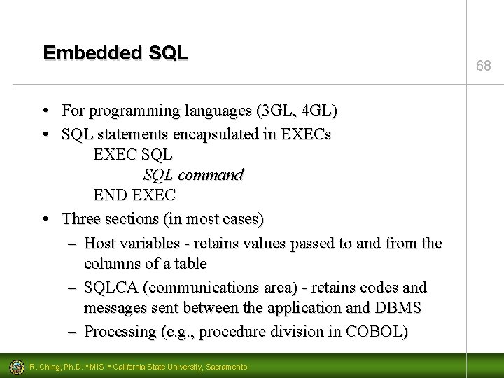 Embedded SQL • For programming languages (3 GL, 4 GL) • SQL statements encapsulated