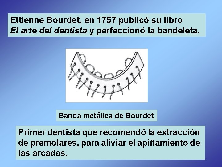 Ettienne Bourdet, en 1757 publicó su libro El arte del dentista y perfeccionó la