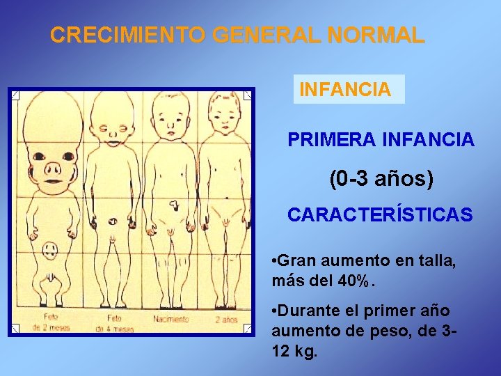 CRECIMIENTO GENERAL NORMAL INFANCIA PRIMERA INFANCIA (0 -3 años) CARACTERÍSTICAS • Gran aumento en