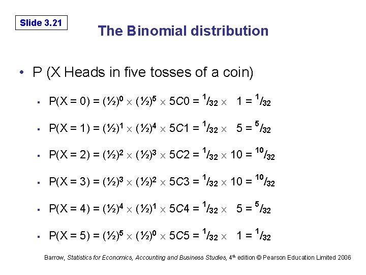 Slide 3. 21 The Binomial distribution • P (X Heads in five tosses of