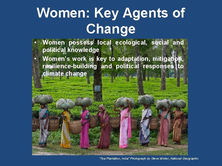 Women: Key Agents of Change • Women possess local ecological, social and political knowledge