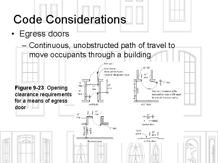 Code Considerations • Egress doors – Continuous, unobstructed path of travel to move occupants