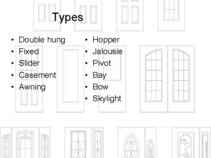 Types • • • Double hung Fixed Slider Casement Awning • • • Hopper
