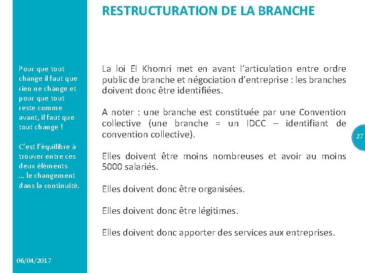 RESTRUCTURATION DE LA BRANCHE Pour que tout change il faut que rien ne change