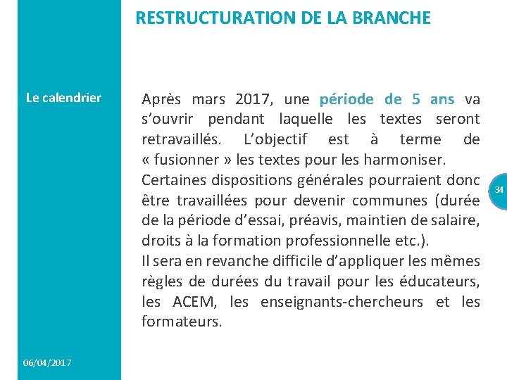 RESTRUCTURATION DE LA BRANCHE Le calendrier 06/04/2017 Après mars 2017, une période de 5