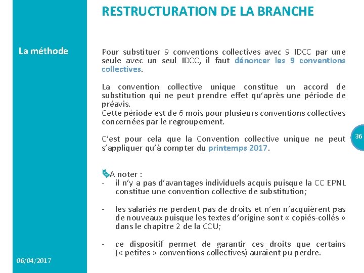 RESTRUCTURATION DE LA BRANCHE La méthode Pour substituer 9 conventions collectives avec 9 IDCC