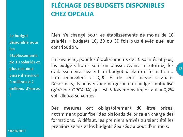 FLÉCHAGE DES BUDGETS DISPONIBLES CHEZ OPCALIA Le budget disponible pour les établissements de 10