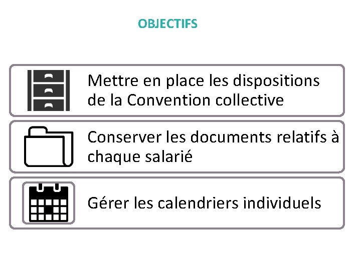 OBJECTIFS Mettre en place les dispositions de la Convention collective Conserver les documents relatifs