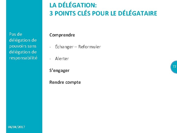 LA DÉLÉGATION: 3 POINTS CLÉS POUR LE DÉLÉGATAIRE Pas de délégation de pouvoirs sans