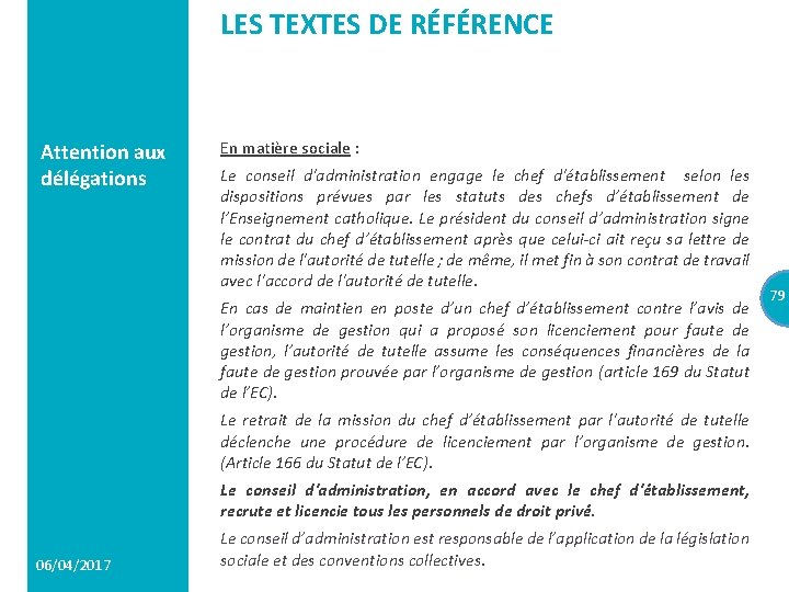 LES TEXTES DE RÉFÉRENCE Attention aux délégations En matière sociale : Le conseil d'administration