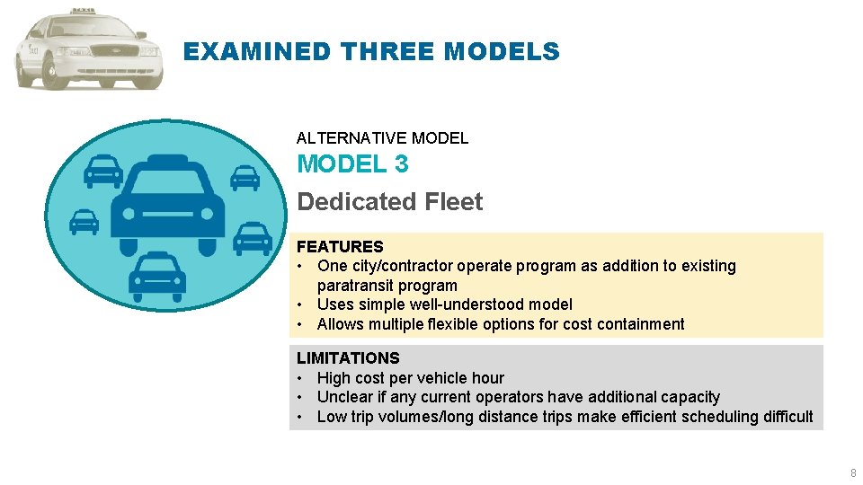 EXAMINED THREE MODELS ALTERNATIVE MODEL 3 Dedicated Fleet FEATURES • One city/contractor operate program