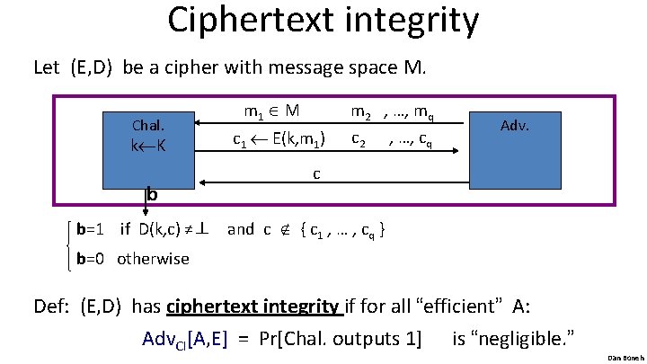 Ciphertext integrity Let (E, D) be a cipher with message space M. Chal. k