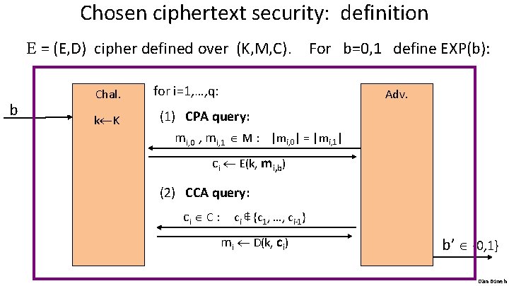 Chosen ciphertext security: definition E = (E, D) cipher defined over (K, M, C).