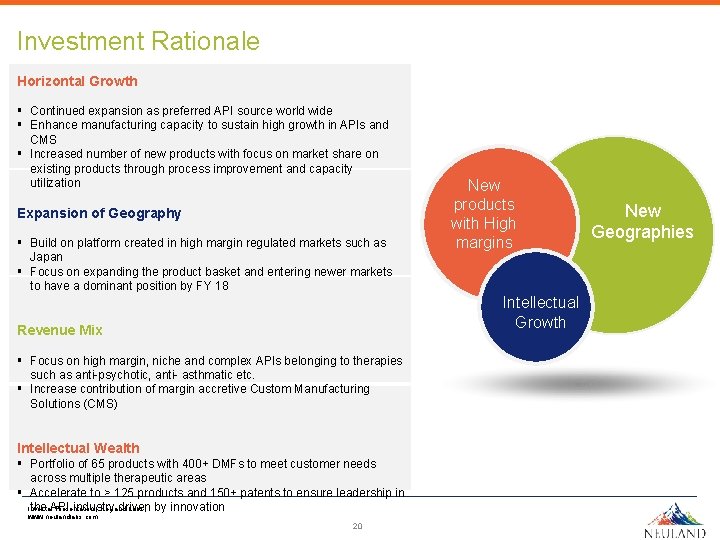 Investment Rationale Horizontal Growth § Continued expansion as preferred API source world wide §