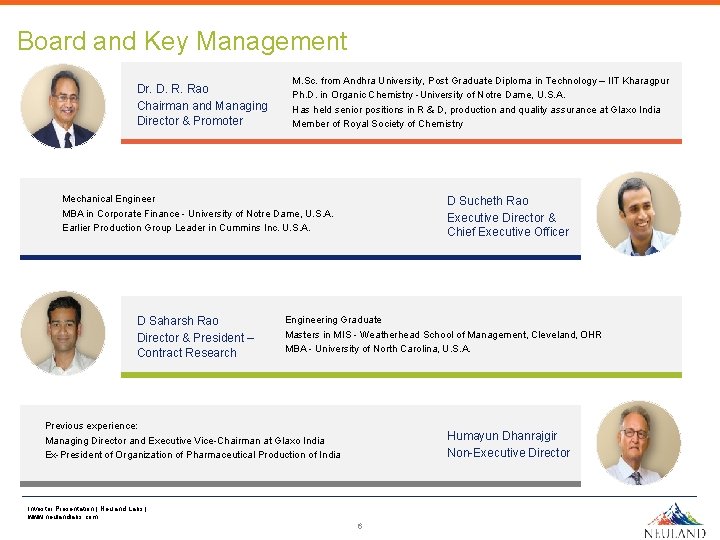 Board and Key Management Dr. D. R. Rao Chairman and Managing Director & Promoter Board and Key Management Dr. D. R. Rao Chairman and Managing Director & Promoter