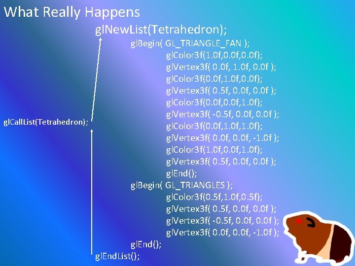 What Really Happens gl. New. List(Tetrahedron); gl. Begin( GL_TRIANGLE_FAN ); gl. Color 3 f(1.