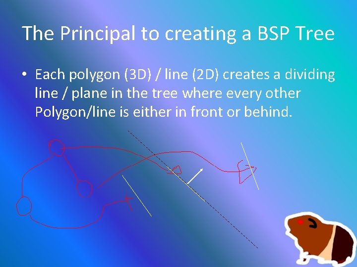 The Principal to creating a BSP Tree • Each polygon (3 D) / line