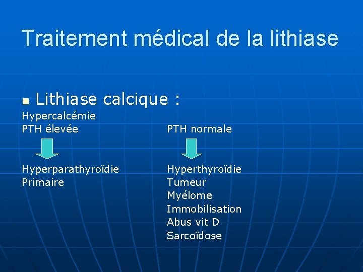 Traitement médical de la lithiase Lithiase calcique : n Hypercalcémie PTH élevée Hyperparathyroïdie Primaire