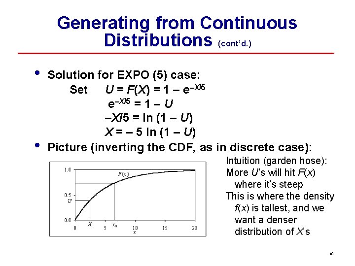 Generating from Continuous Distributions (cont’d. ) • • Solution for EXPO (5) case: Set
