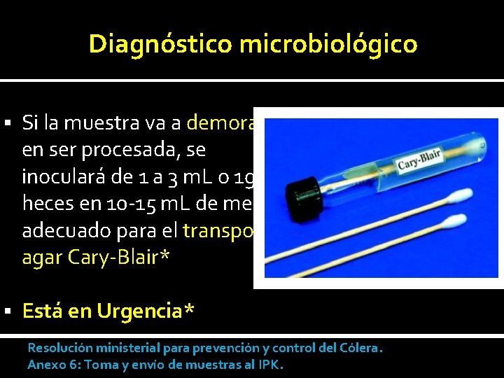 Diagnóstico microbiológico § Si la muestra va a demorar en ser procesada, se inoculará