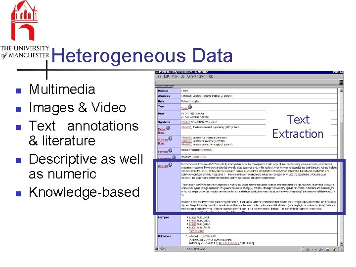 Heterogeneous Data n n n Multimedia Images & Video Text annotations & literature Descriptive