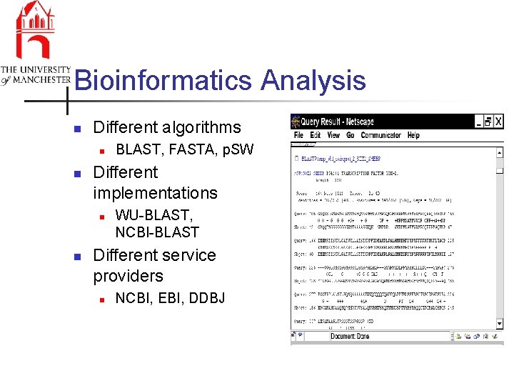 Bioinformatics Analysis n Different algorithms n n Different implementations n n BLAST, FASTA, p.