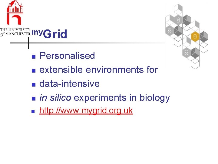 my. Grid n Personalised extensible environments for data-intensive in silico experiments in biology n