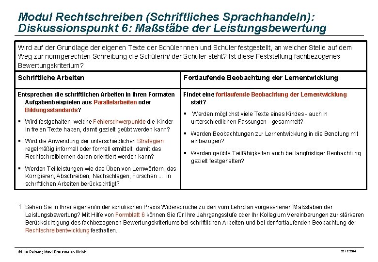 Modul Rechtschreiben (Schriftliches Sprachhandeln): Diskussionspunkt 6: Maßstäbe der Leistungsbewertung Wird auf der Grundlage der