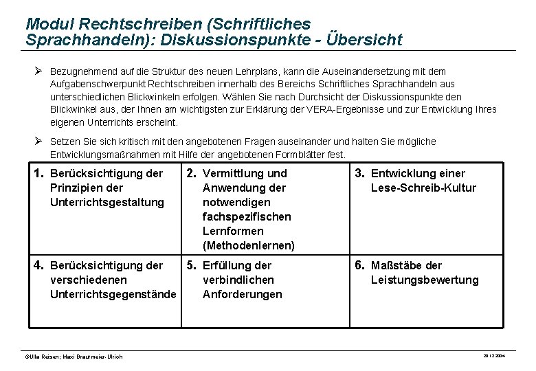 Modul Rechtschreiben (Schriftliches Sprachhandeln): Diskussionspunkte - Übersicht Ø Bezugnehmend auf die Struktur des neuen