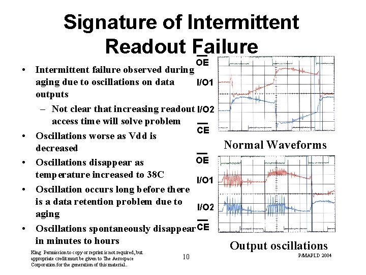 Signature of Intermittent Readout Failure OE • Intermittent failure observed during 0 aging due