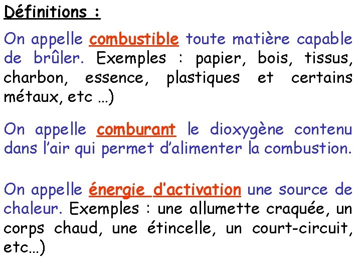 Définitions : On appelle combustible toute matière capable Définitions de brûler. Exemples : papier,