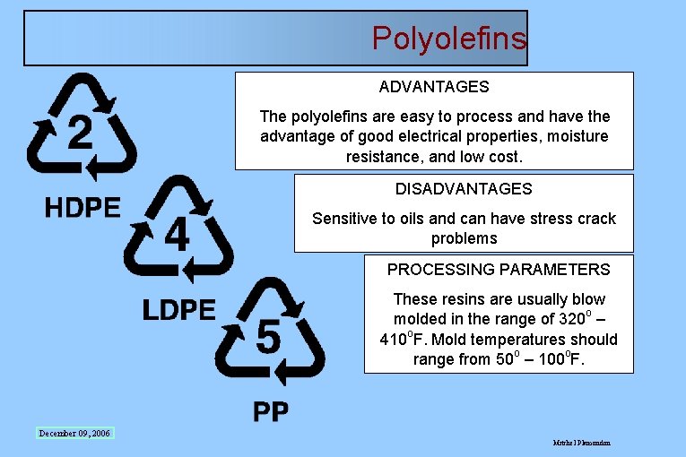 Polyolefins ADVANTAGES The polyolefins are easy to process and have the advantage of good