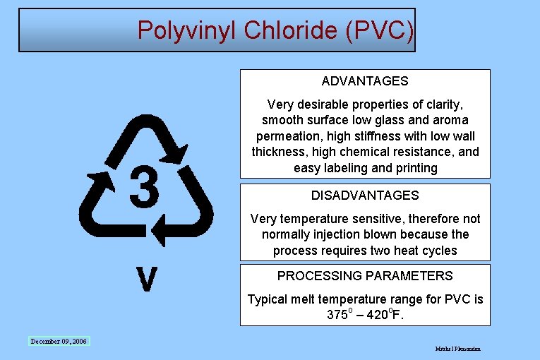 Polyvinyl Chloride (PVC) ADVANTAGES Very desirable properties of clarity, smooth surface low glass and