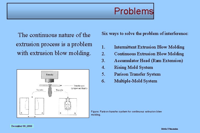 Problems The continuous nature of the extrusion process is a problem with extrusion blow