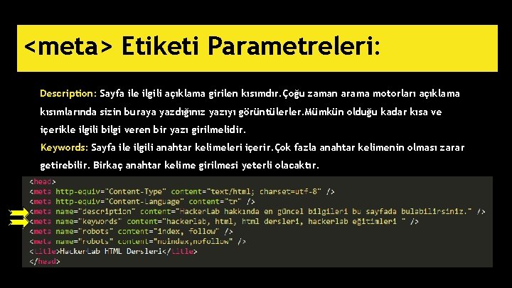 <meta> Etiketi Parametreleri: Description: Sayfa ile ilgili açıklama girilen kısımdır. Çoğu zaman arama motorları