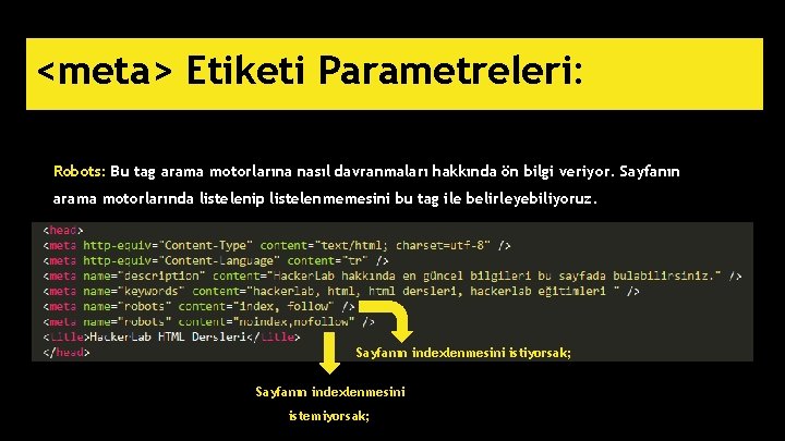 <meta> Etiketi Parametreleri: Robots: Bu tag arama motorlarına nasıl davranmaları hakkında ön bilgi veriyor.