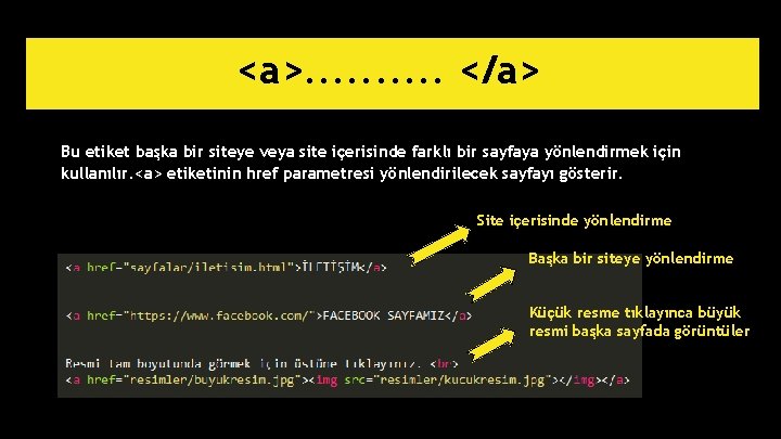 <a>. . </a> Bu etiket başka bir siteye veya site içerisinde farklı bir sayfaya