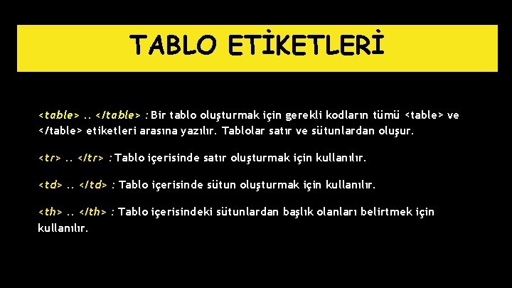 TABLO ETİKETLERİ <table>. . </table> : Bir tablo oluşturmak için gerekli kodların tümü <table>