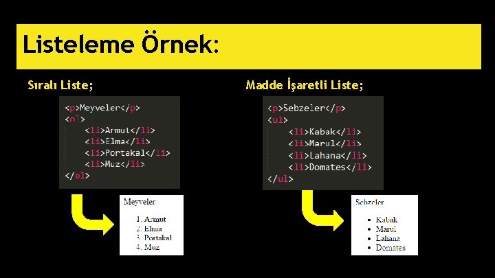 Listeleme Örnek: Sıralı Liste; Madde İşaretli Liste; 