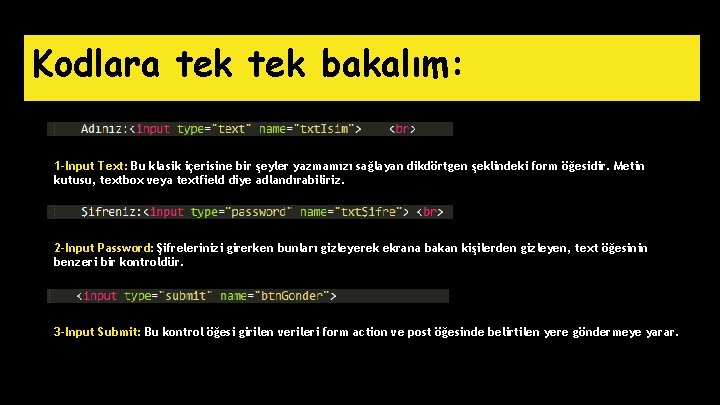 Kodlara tek bakalım: 1 -Input Text: Bu klasik içerisine bir şeyler yazmamızı sağlayan dikdörtgen