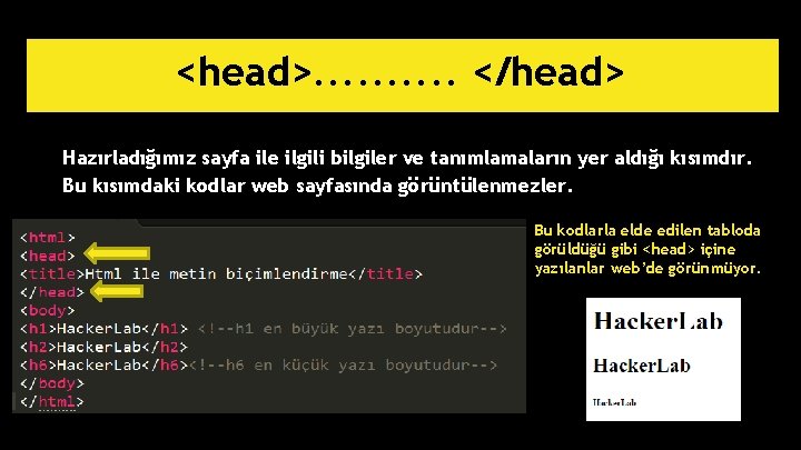 <head>. . </head> Hazırladığımız sayfa ile ilgili bilgiler ve tanımlamaların yer aldığı kısımdır. Bu